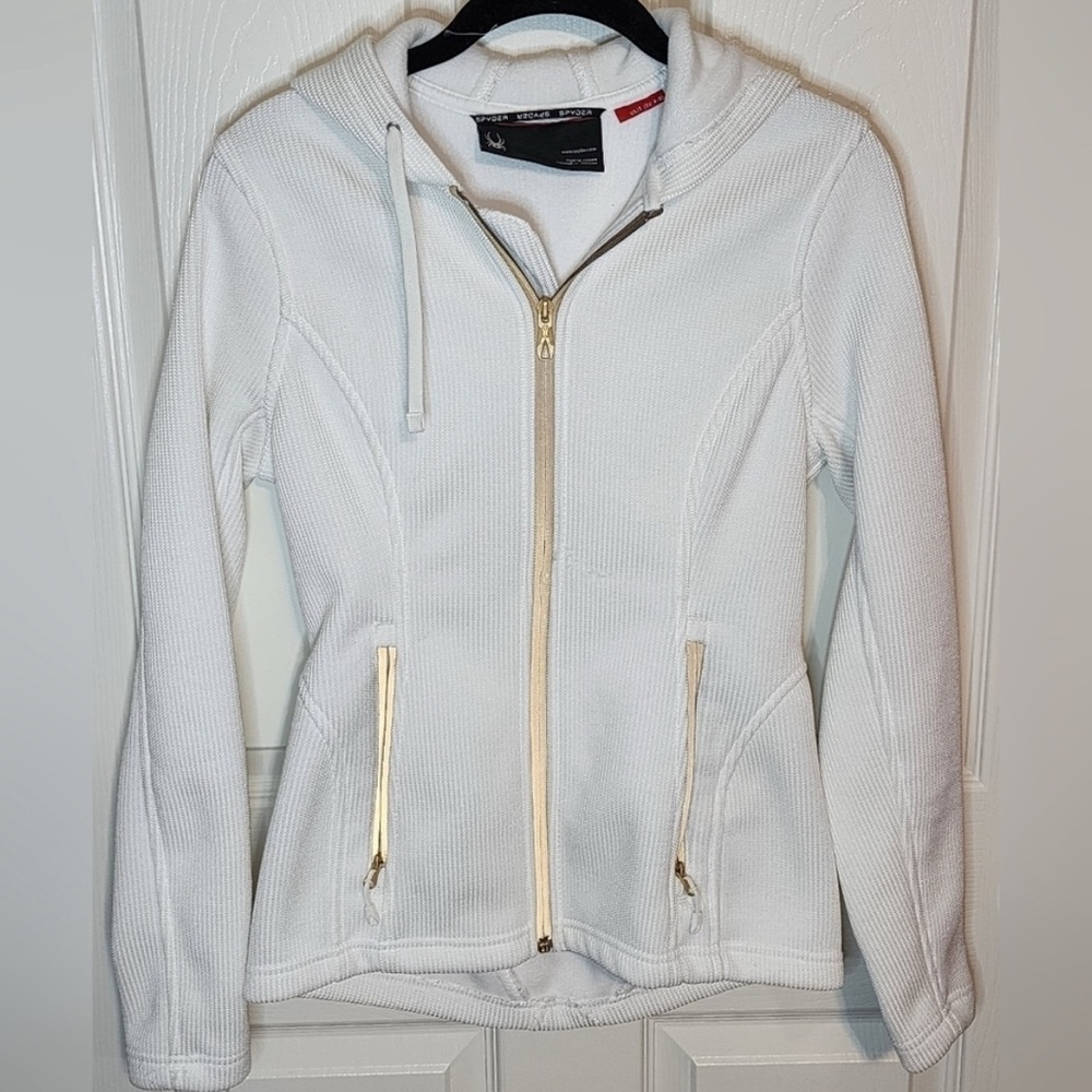 SPYDER Fleece-Lined Zip-Up Jacket, Hooded, White with Gold Accents, Small, EUC